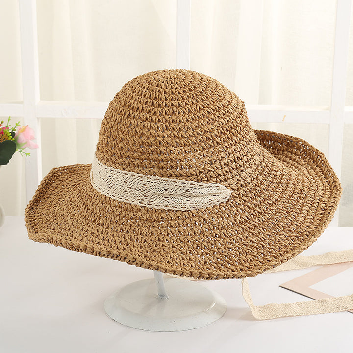 Literary small fresh lace ribbon woven straw hat lady temperament outdoor travel sun protection sun visor hat