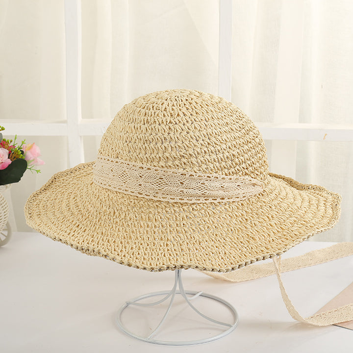 Literary small fresh lace ribbon woven straw hat lady temperament outdoor travel sun protection sun visor hat