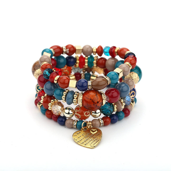 Bohemian ethnic style crystal peach heart multi-layer bracelet