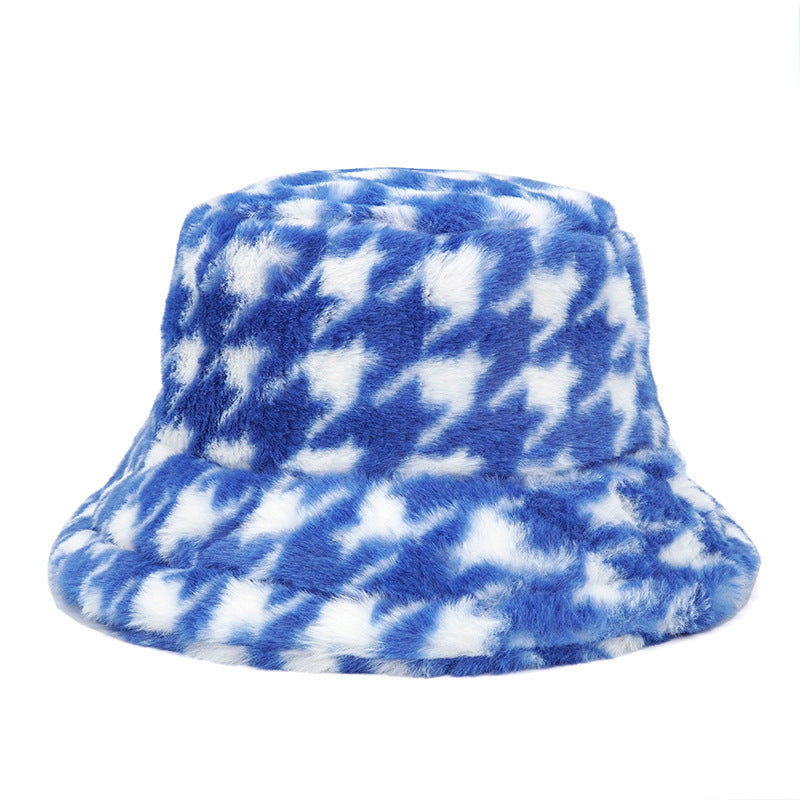 Velvet warm houndstooth pot hat sun hat big brim rabbit fleece hat