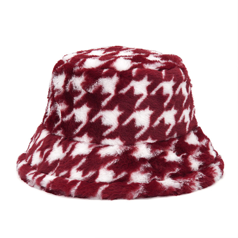 Velvet warm houndstooth pot hat sun hat big brim rabbit fleece hat