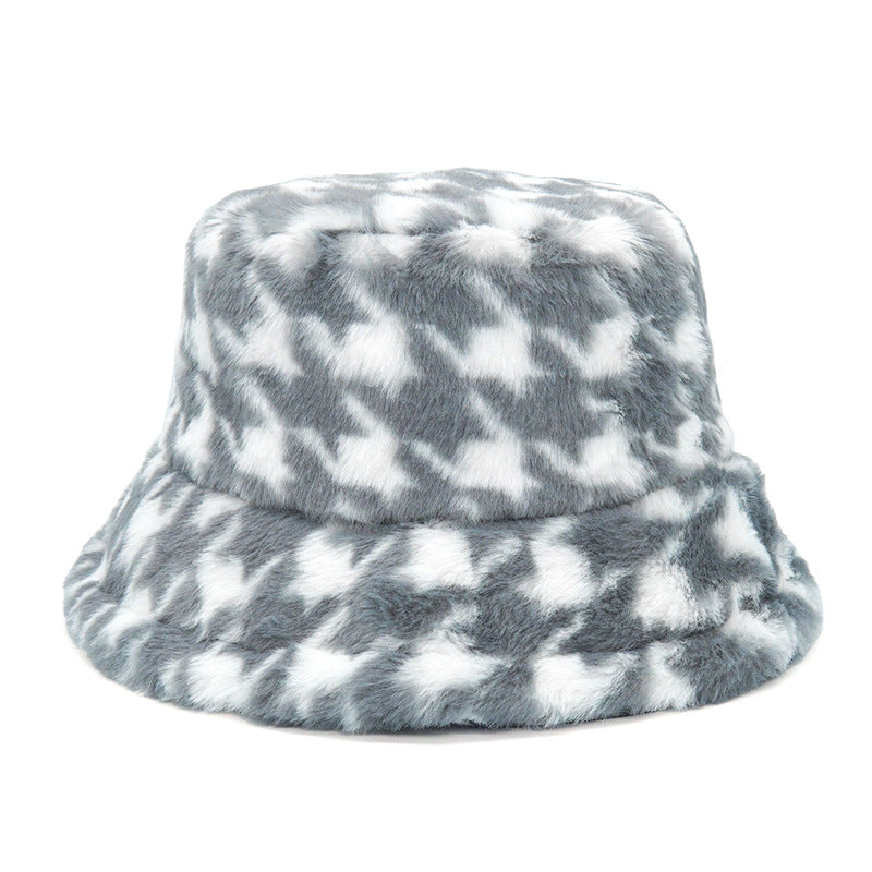 Velvet warm houndstooth pot hat sun hat big brim rabbit fleece hat