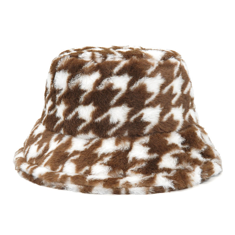 Velvet warm houndstooth pot hat sun hat big brim rabbit fleece hat