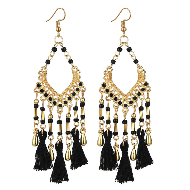 Bohemian hollow dripping oil rice beads fan-shaped tassel long earrings