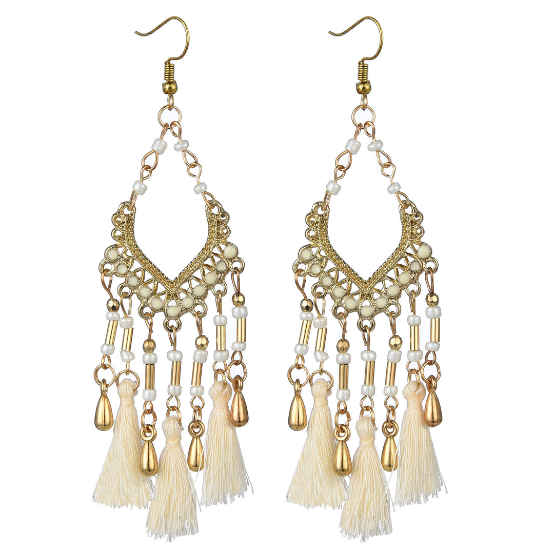 Bohemian hollow dripping oil rice beads fan-shaped tassel long earrings