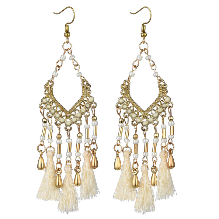 Bohemian hollow dripping oil rice beads fan-shaped tassel long earrings