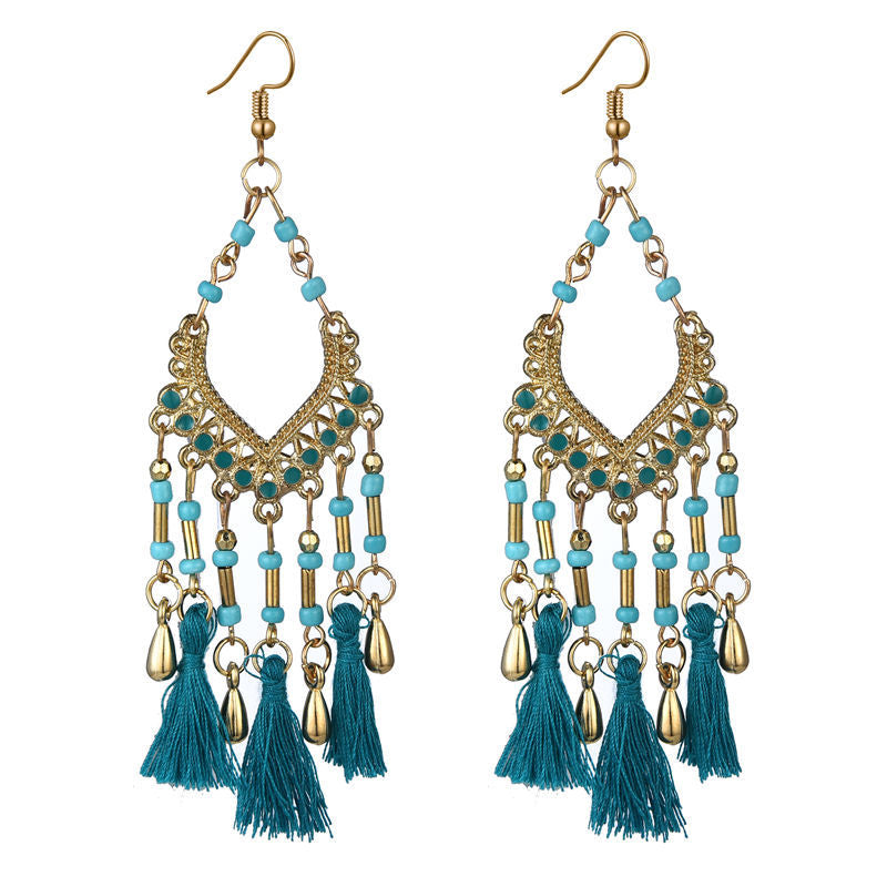 Bohemian hollow dripping oil rice beads fan-shaped tassel long earrings