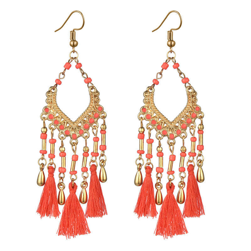 Bohemian hollow dripping oil rice beads fan-shaped tassel long earrings