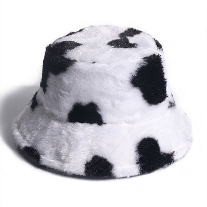 Black and white cow pattern fisherman hat with plush to keep warm in autumn and winter, shopping and outing all-match i