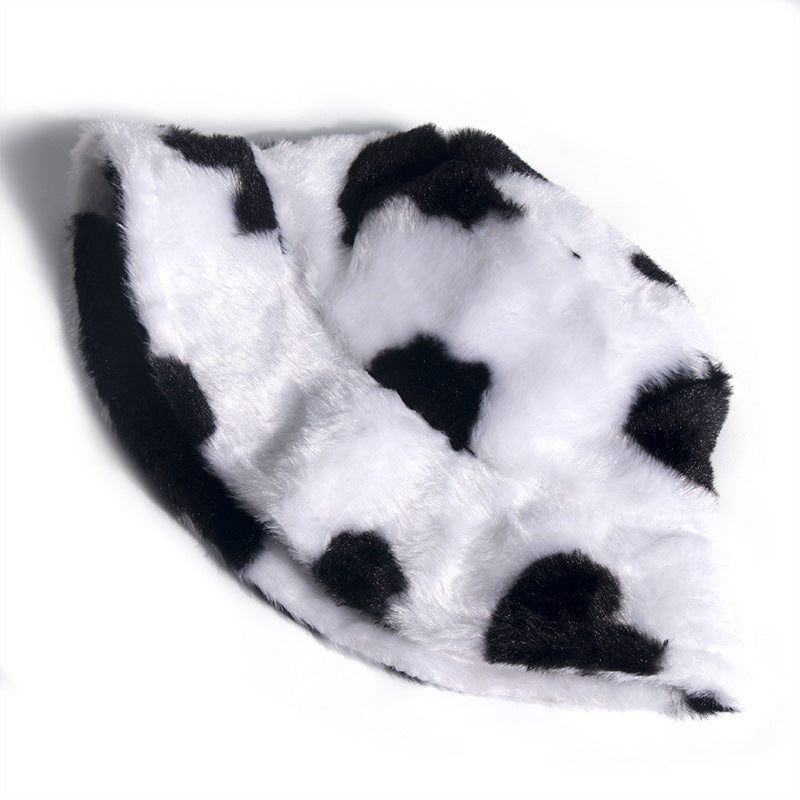 Black and white cow pattern fisherman hat with plush to keep warm in autumn and winter, shopping and outing all-match i