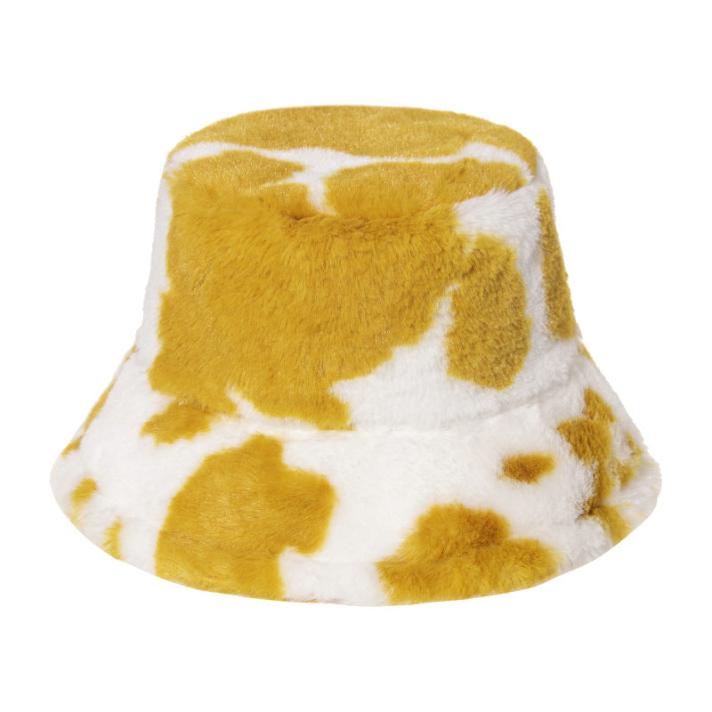 Black and white cow pattern fisherman hat with plush to keep warm in autumn and winter, shopping and outing all-match i