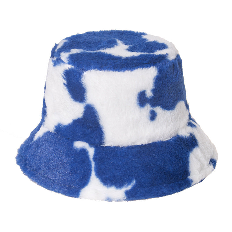 Black and white cow pattern fisherman hat with plush to keep warm in autumn and winter, shopping and outing all-match i