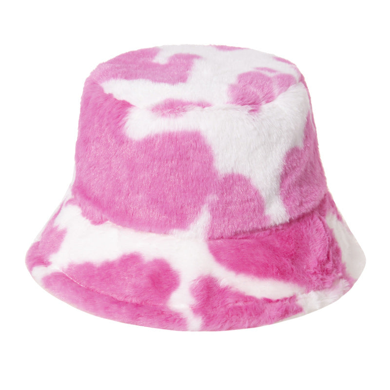 Black and white cow pattern fisherman hat with plush to keep warm in autumn and winter, shopping and outing all-match i