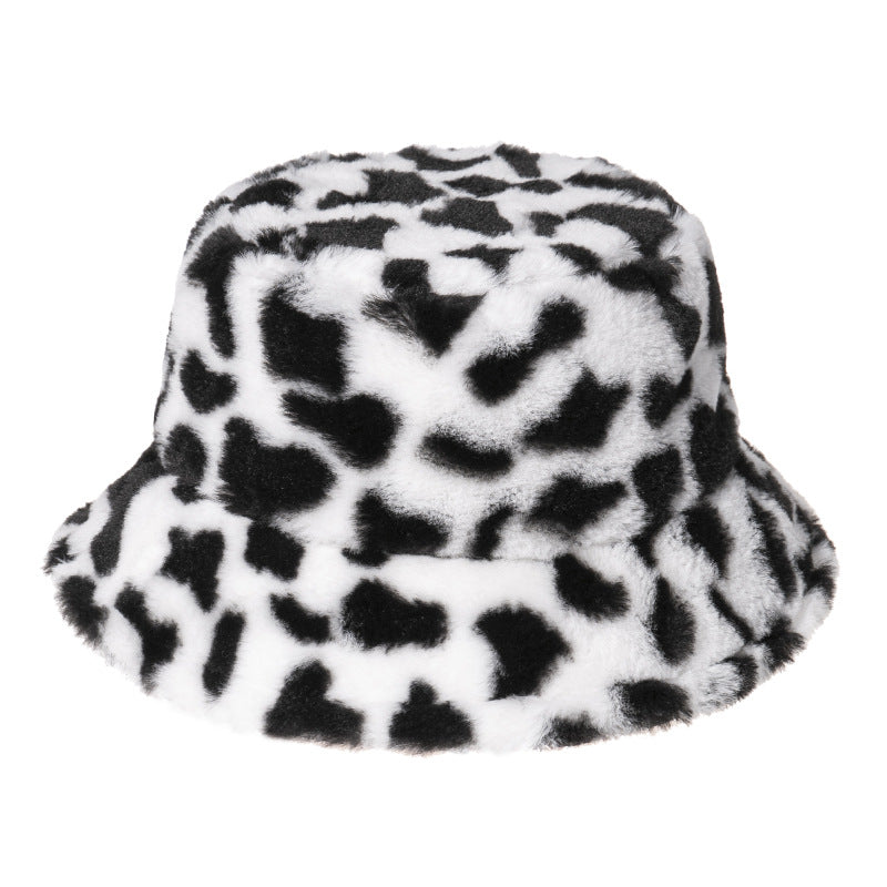 Black and white cow pattern fisherman hat with plush to keep warm in autumn and winter, shopping and outing all-match i