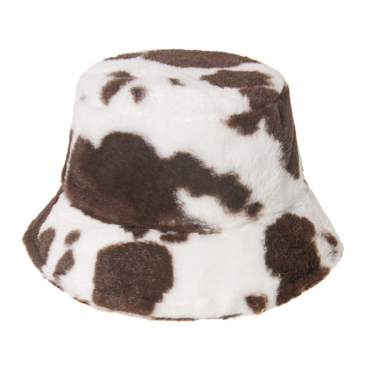 Black and white cow pattern fisherman hat with plush to keep warm in autumn and winter, shopping and outing all-match i