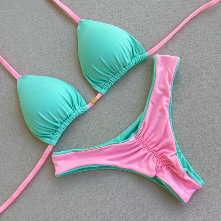 Trendy color contrast retro solid color bikini set