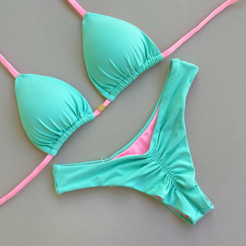 Trendy color contrast retro solid color bikini set