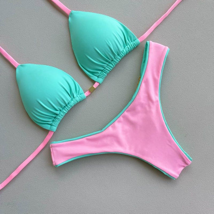 Trendy color contrast retro solid color bikini set